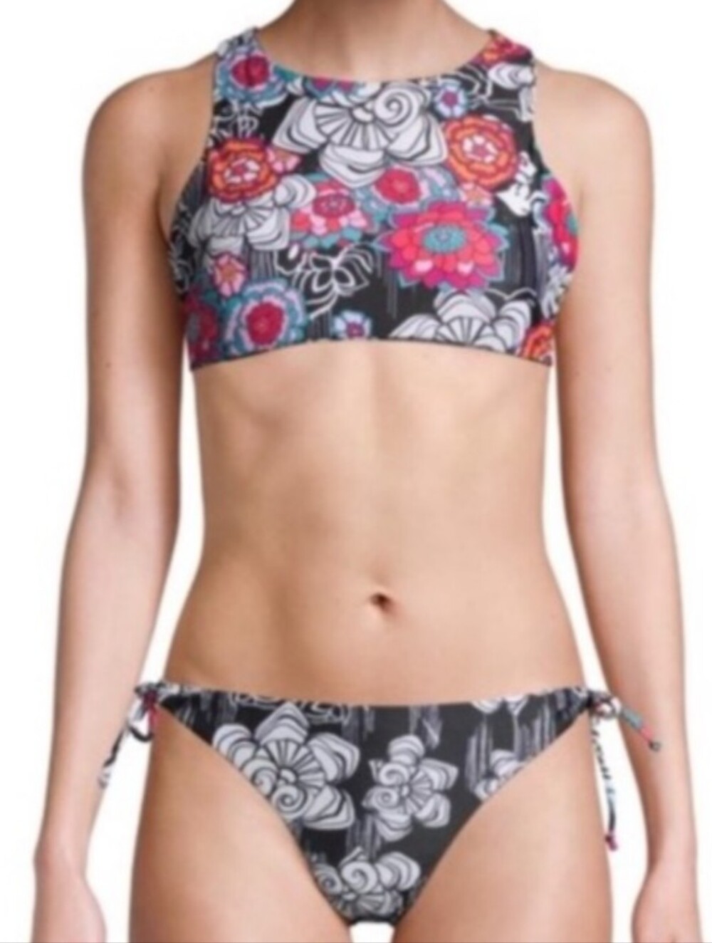 YMI Reversible Floral High-Neck Bikini - Black, White, Pink, Teal